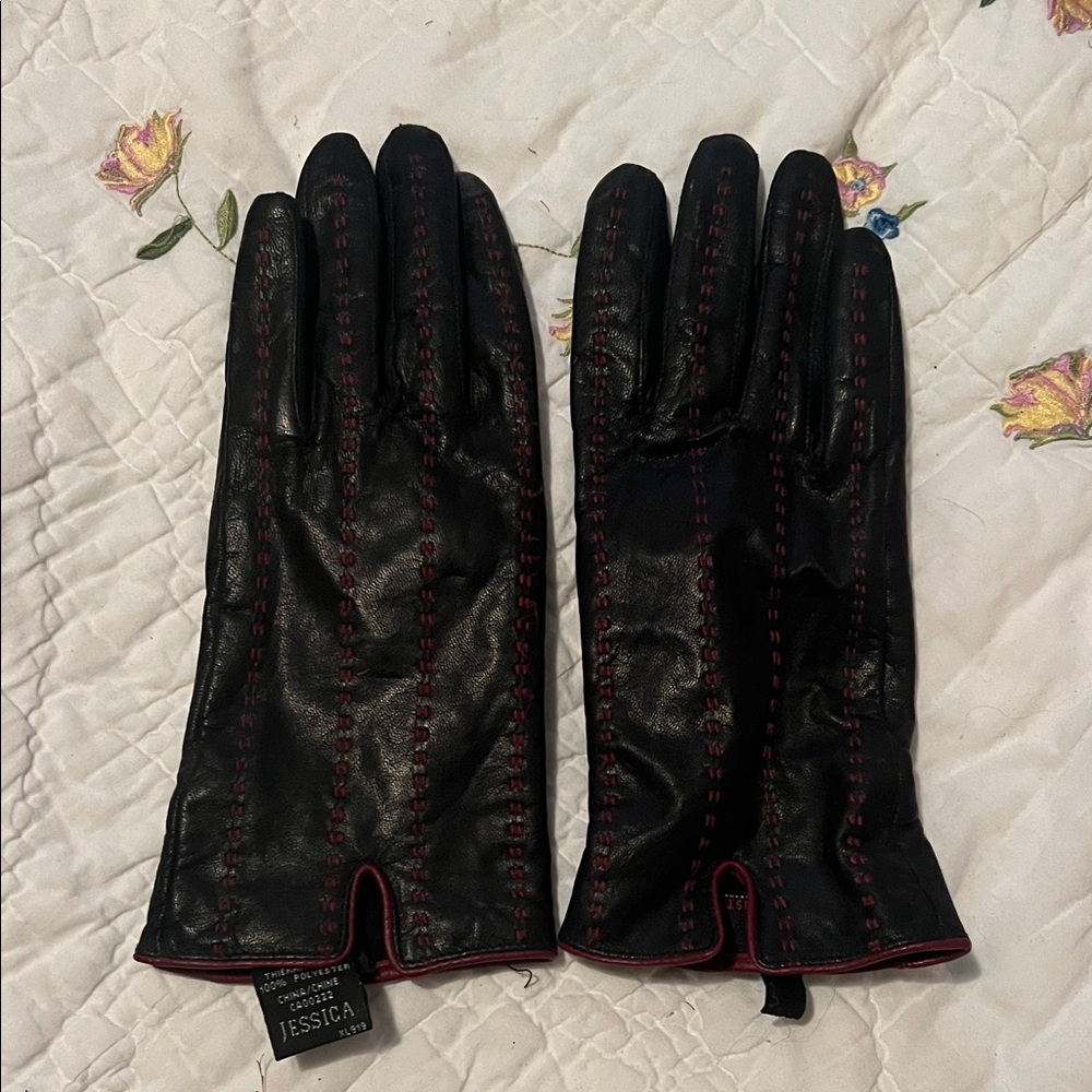 Jessica Black Leather Gloves with Red Stitching
